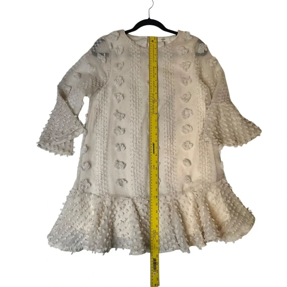 Entro Textured Bell Sleeve Dress Pom Pom Cream Short Mini Size S Boho Whimsical - Picture 7 of 10